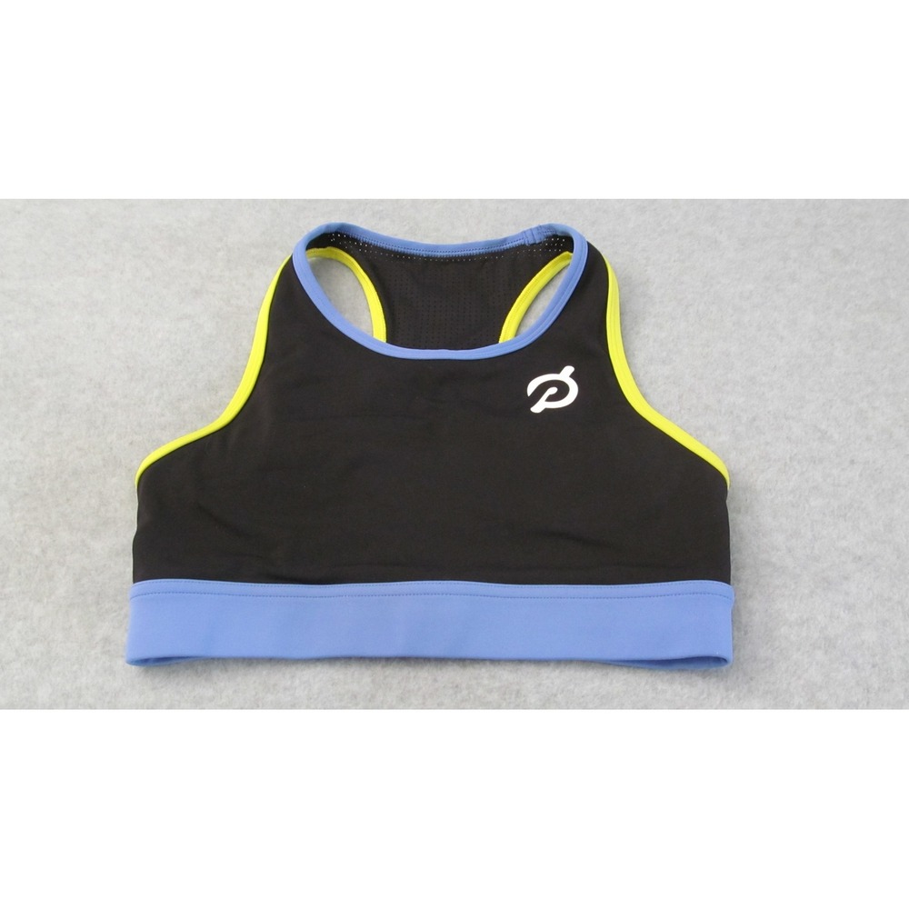 Peloton Womens Sports Bra Small Black Blue Neon Yellow Racerback High Neck Crop